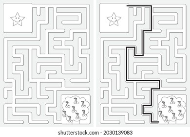 Easy little star and cherry tree maze for younger kids with a solution in black and white