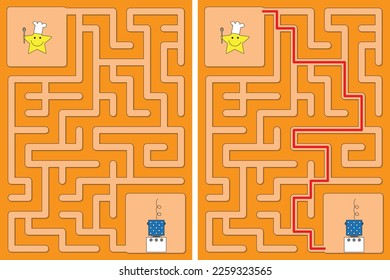 Easy little star cook maze for younger kids with a solution