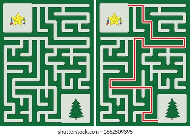 Easy little star decorating Christmas tree maze for kids with a solution