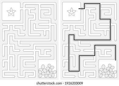 Easy little star and four leaf clover maze for younger kids with a solution in black and white