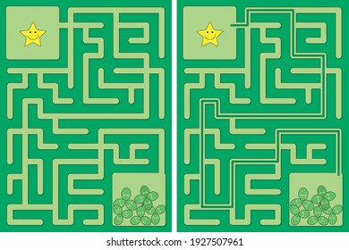 Easy little star and four leaf clover maze for younger kids with a solution