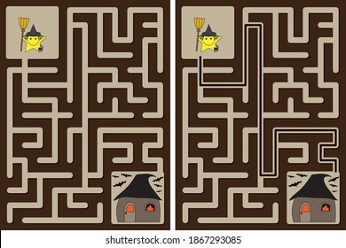 Easy little star Halloween maze for younger kids with a solution