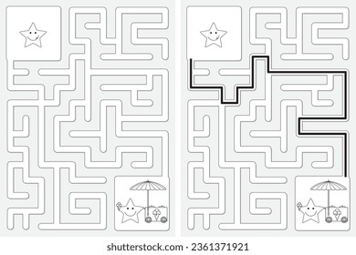 Easy little star and ice cream maze for younger kids with a solution in black and white