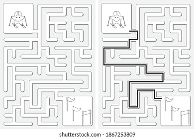 Easy little star skier maze for younger kids with a solution in black and white