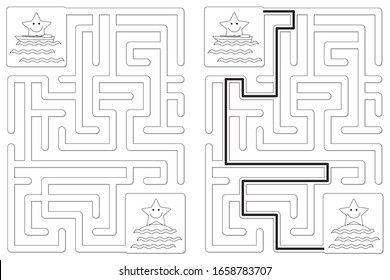 Easy little stars in a boat maze for kids with a solution in black and white