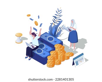 Easy loan concept 3d isometric web scene. People get instant personal bank loan and using special financial credit program for secure finance investment. Vector illustration in isometry graphic design