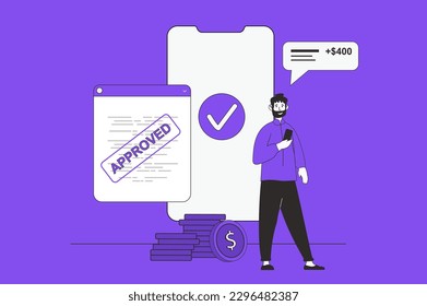 Easy loan web concept with character scene in flat design. People get instant personal bank loan mortgage and using financial credit program. Vector illustration for social media marketing material.