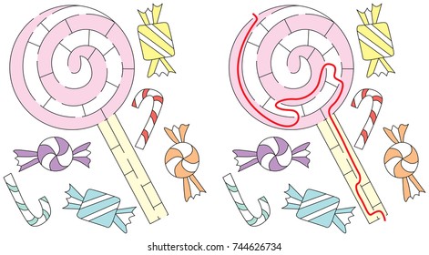 Easy lollipop maze for younger kids with a solution