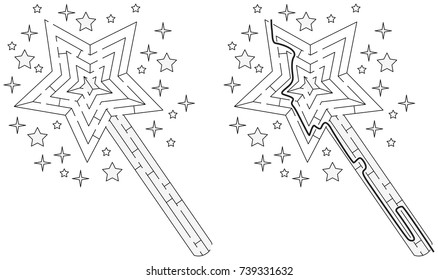 Easy magic wand maze for younger kids with a solution in black and white