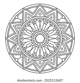 Contorno de círculo preto e branco de Mandala fácil - Mandala colorir páginas para adultos de cor e crianças - Mandalas simples vetor de arte para KDP.