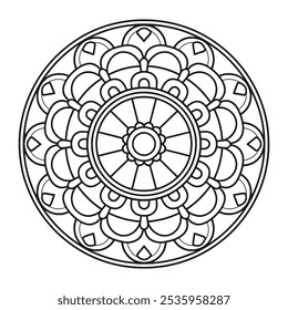 Vetor de Contorno de Círculo Preto e Branco Fácil Mandala - Página de Coloração Mandala para Iniciantes, Idosos e Adultos para KDP.