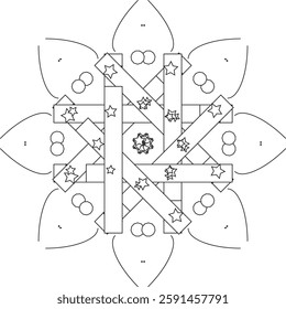 Easy Mandala Black and White Circle Outline , Mandala Coloring Pages for Adults and Kids - Simple Mandalas Artwork Vector, Diwali Festival banner. Traditional Indian diya lamp and Rangoli made of mar