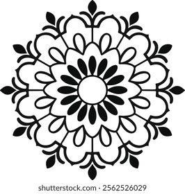 Easy Mandala Black and White silhouette vector on a white background, floral mandala design for coloring book