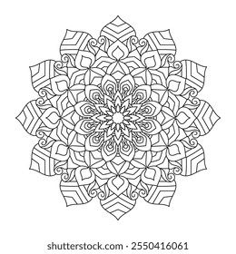 Easy Mandala Coloring Page for Adult, Abstract Pattern, Stress Relief and Relaxation, Vector Outline Mandala, Simple Mandala Design.