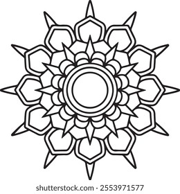 Easy mandala coloring page for adults and kids. Simple Mandalas black and white outline design