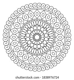 Easy Mandala Flower, Black Geometric patten, coloring page on white background