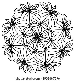 Mandala fácil como flor o estrella, mandalas básicas y simples libro de colorear para adultos, adultos mayores y principiantes. Dibujo digital. Floral. Flor. Oriental. Página Libro. Vector.