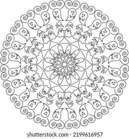 Easy Mandala, Simple Mandala, Doodle Halloween Ghost coloring pattern Vector on Transparent background. Decorative ornament kids friendly graphic elements. Coloring book page. Coloring sheet.