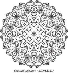 Easy Mandala, Simple Mandala, Doodle Halloween Pumpkin Spider coloring pattern Vector on Transparent background. Decorative ornament kids friendly graphic elements. Coloring book page. Coloring sheet.