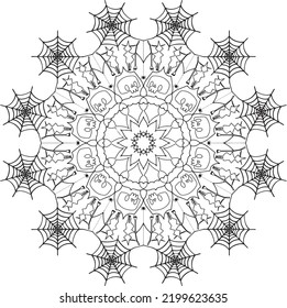 Easy Mandala, Simple Mandala, Doodle Halloween, der Skull Spider Web Vektor auf transparentem Hintergrund. Dekorative Ornamente kinderfreundliche grafische Elemente. Farbige Buchseite. Farbblatt.