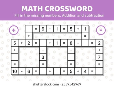 Easy math crossword game. Addition and subtraction. Fill in the missing numbers and signs. Solve the problem. Educational attention game for kids. Isolated vector illustration eps 10
