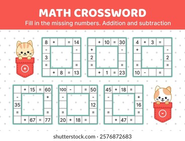 Easy math crossword game with cute cats. Addition and subtraction. Fill in the missing numbers. Solve the problem. Educational attention game for kids. Isolated vector illustration eps 10