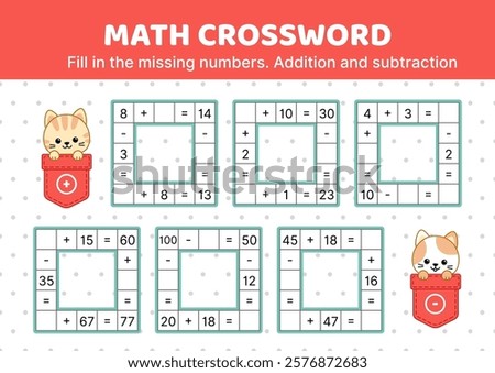 Easy math crossword game with cute cats. Addition and subtraction. Fill in the missing numbers. Solve the problem. Educational attention game for kids. Isolated vector illustration eps 10