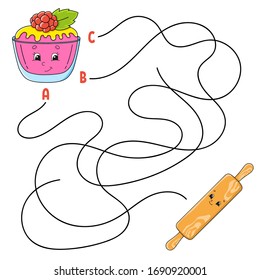 Leichtes Labyrinth. Kuchen und Walzstift. Labyrinth für Kinder. Arbeitsblatt. Puzzle für Kinder. Cartoon-Charakter. Logisches Problem. Illustration zur Vektorillustration der Farben.