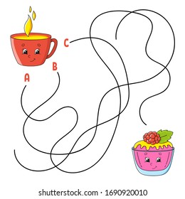 Easy Maze. Cup And Cake. Labyrinth For Kids. Activity Worksheet. Puzzle For Children. Cartoon Character. Logical Conundrum. Color Vector Illustration.