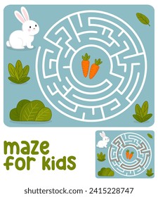 Easy maze game for children. Help the rabbit find the way to the carrot. Сircle maze of easy complexity with a solution