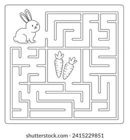 Easy maze game for kids. Help the rabbit find the way to the carrot. Black and white Square maze with a solution. Coloring book