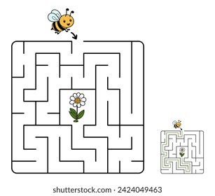 Juego fácil de Maze para niños con solución. ¡Ayuda a la pequeña abeja a encontrar su camino a la flor! Un simple rompecabezas de laberinto para los preescolares