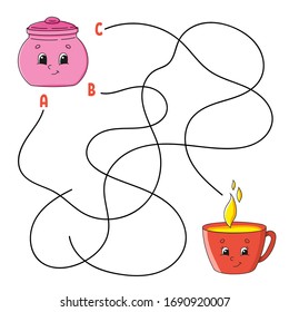 Easy Maze. Sugar Bowl And Cup. Labyrinth For Kids. Activity Worksheet. Puzzle For Children. Cartoon Character. Logical Conundrum. Color Vector Illustration.