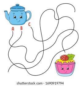 Easy maze. Teapot and cake. Labyrinth for kids. Activity worksheet. Puzzle for children. Cartoon character. Logical conundrum. Color vector illustration.