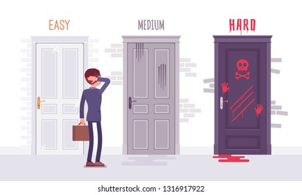 Easy, medium, hard degree of difficulty choice for businessman. Male manager puzzled with a business challenge level, employee choosing between three doors of career possibilities. Vector illustration