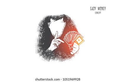 Easy money concept. Hand drawn person find a way to get a lot of money very fast and easy. Chance to become rich isolated vector illustration.