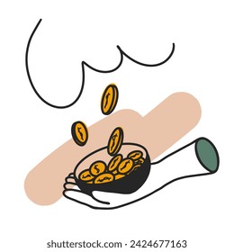 Easy money concept. Money rain. Hands catch coins that fall from the sky. Cashback concept. Successful beginnings, startup, investment. Making profit without effort. Vector illustration