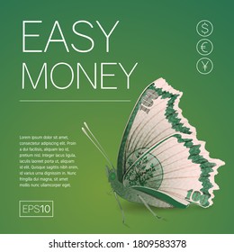  Easy money. Creative minimalistic idea. Square banner with butterfly banknote. Flyer to attract investment.