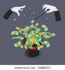 Easy money flat vector isometric illustration. Hands of magician makes a magic trick for making the hat throw out money.