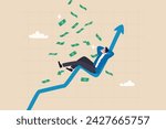 Easy money, passive income earn money while sleeping, get rich quick or success investment, earning from stock market, mutual fund or crypto concept, businessman sleep on bull market rising graph.