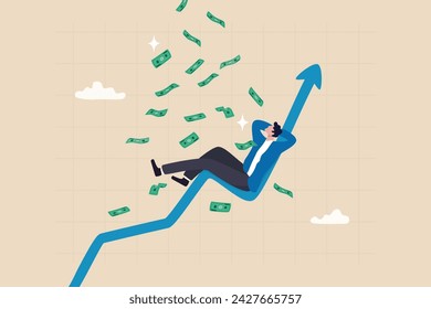 Easy money, passive income earn money while sleeping, get rich quick or success investment, earning from stock market, mutual fund or crypto concept, businessman sleep on bull market rising graph.