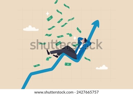 Easy money, passive income earn money while sleeping, get rich quick or success investment, earning from stock market, mutual fund or crypto concept, businessman sleep on bull market rising graph.