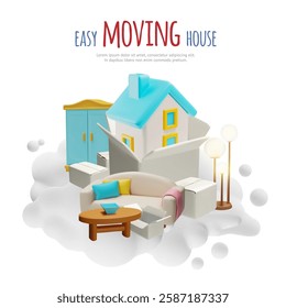 Easy moving house 3D poster vector design. Cardboard boxes stack, table, lamp, sofa and closet. Cartoon delivery cargo, furniture transportation service. Take care of everything