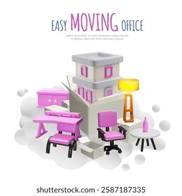 Easy moving office service 3D poster, flyer vector design. Cardboard boxes stack, chairs, lamp and table. Cartoon delivery cargo, furniture package transportation