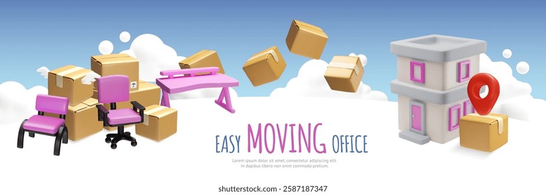 Easy moving office service 3D landing page, flyer vector design. Cardboard boxes stack, location pointer sign, chairs and table. Cartoon delivery cargo, furniture package transportation