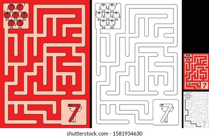 Easy number maze for kids with a solution - worksheet for learning numbers - recognizing number 7