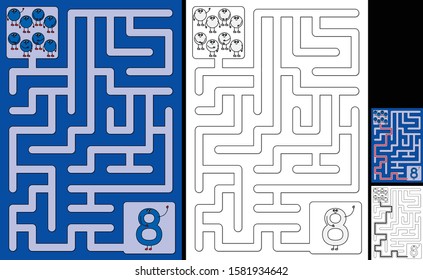 Easy number maze for kids with a solution - worksheet for learning numbers - recognizing number 8