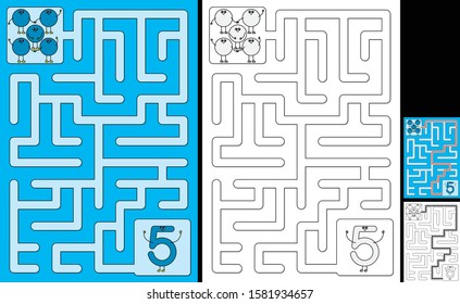 Easy number maze for kids with a solution - worksheet for learning numbers - recognizing number 5