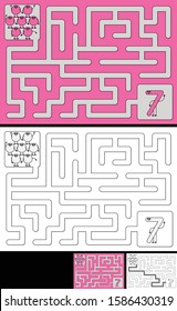 Easy number maze for kids with a solution - worksheet for learning numbers - recognizing number 7