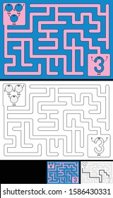 Easy number maze for kids with a solution - worksheet for learning numbers - recognizing number 3